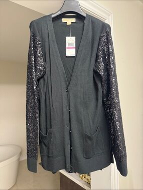 Michael Kors Black Sequin-Sleeve Cardigan oversized